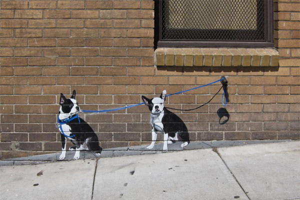 dogs on a wall stock photo