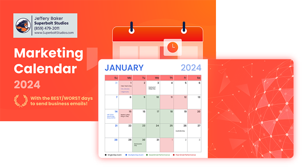 2024 Superbolt Studios Marketing Calendar with Email Dates Cover